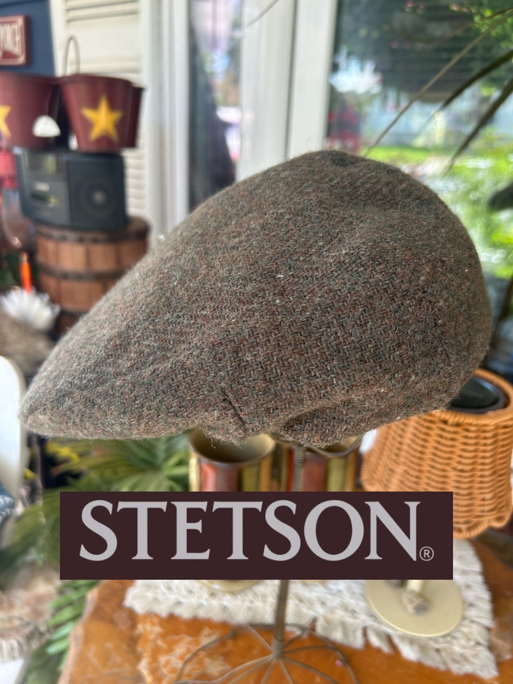Vintage Stetson Brown Wool Tweed Flat Cap Driving Hat Size L 7 3/8